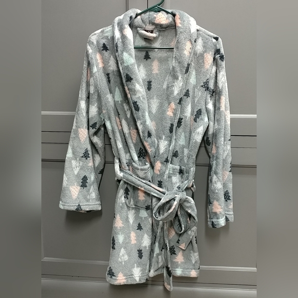 Plush Robe Tree Design Ladies Small w/ Pockets Belt Gray Black Pink Green White - Picture 10 of 16